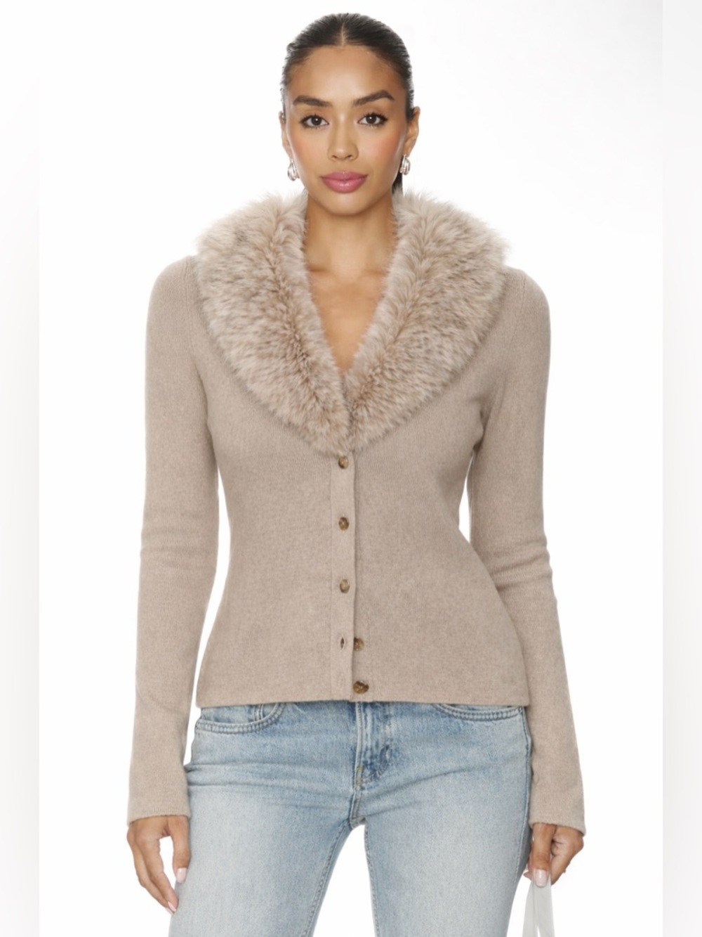 Banana Republic Faux-Fur Collared Trim Knit Sweater Cardigan - Taupe / Oatmeal